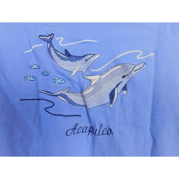 Acapulco Women T Shirt XL Blue Embroidered Dolphins Short Sleeve Lolas - Picture 2 of 6